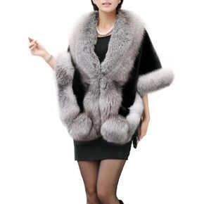 Amore Bridal Women's Luxury Faux Fur Shawl Wrap Stole Cape for Winter, Black, One Size