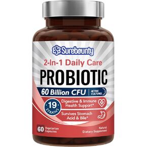 Surebounty Probiotic for Men & Women, 200 Billion CFU 35 Strains, Prebiotics + Digestive Enzymes, Supreme Restore Probiotic Supplement, Upper, Mid, Lower GI Tract Balance, 60 Veggie Capsules, 1 Month