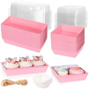 ALEXPRE 50 Pcs Cake Charcuterie Boxes with Clear Lids, 2 Styles Disposable Food Containers with 75pcs Cupcake, 4in /7.5in Square Cake Containers Bakery Dessert Boxes for Sandwich, Macaron and Cookies