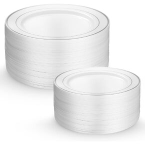 Munfix Plastic Wedding Party Plates 60 Piece White Gold Rim, Elegant Fancy 30 Premium Heavy Duty 10.25 Inch Dinner Plates and 30 Disposable 7.5 Inch Dessert Appetizer