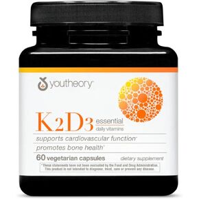 Youtheory K2 and D3 Daily Vitamin Supplement for Calcium Absorption, Bone Strength and Cardiovascular Support, 60 Vegetarian Capsules