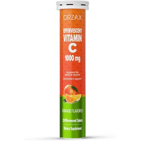 ORZAX فيتامين C 1000 مجم، دعم المناعة، حمض الأسكوربيك، معزز لمضادات الأكسدة، خالي من السكر، غير معدل وراثيًا، فيتامين C يساعد صحة البشرة والمفاصل، بنكهة البرتقال اللذيذة، 20 قرصًا نباتيًا فوارة