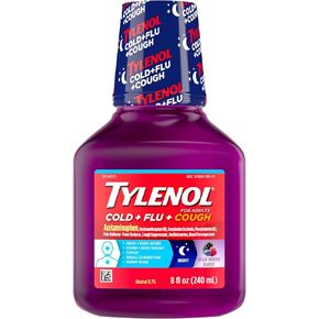 Tylenol Cold + Flu + Cough Night Liquid Medicine with Acetaminophen, Wild Berry, Grabe, 8 Fl Oz