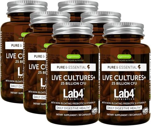 Live Cultures+ Lab4 Probiotics & Prebiotic, Vegan Lactobacillus Acidophilus & Bifidobacterium, Guaranteed 25 Billion CFU, Non-Bloating Gut Health Support for Men & Women, 30 Capsules, by Igennus in Saudi Arabia