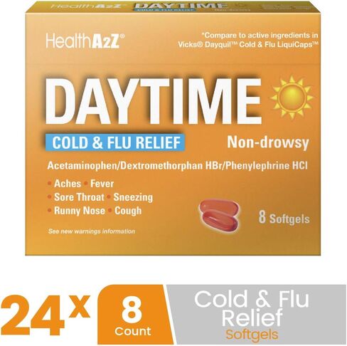 HealthA2Z® النهار والليل | طب البرد والانفلونزا | تخفيف قوي متعدد الأعراض أثناء النهار والليل (20 كبسولة هلامية) (دواء البرد والأنفلونزا أثناء النهار (20 حزمة من 1)) in Kuwait