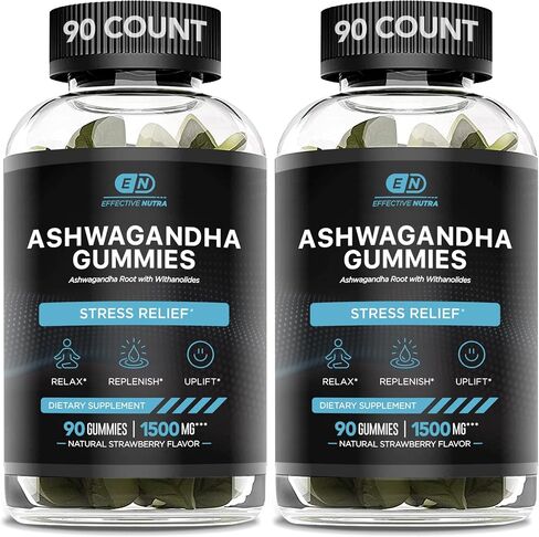 EFFECTIVE NUTRA Ashwagandha Gummies 1500mg - Stress Relief, Immune Support, Calm Mood & Increased Energy - Ashwagandha Supplements for Men & Women - Natural Strawberry Flavor (90 Count) in Kuwait