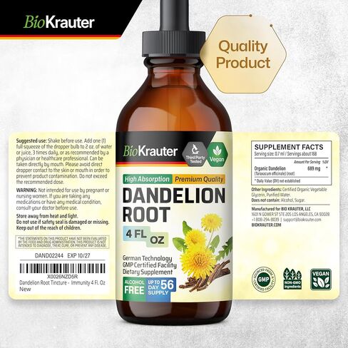 Dandelion Root Liquid Extract - Organic Dandelion Tincture - Vegan Dandelion Root Drops Supplement for Cleansing, Digestive Function & Immunity - 2 Fl. Oz in Kuwait