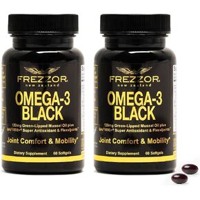 FREZZOR Omega 3 Black for Joint Care & Comfort - New Zealand Green Lipped Mussel Oil Capsules; 53x Higher Potency with UAF1000+ Super Antioxidant, No Fishy Aftertaste, 450mg, 60 Count (Pack of 3)