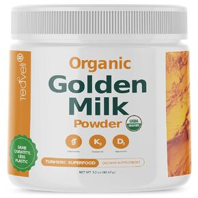 Organic Golden Milk Powder with Vitamin D3 & K2, Turmeric, Ginger, KSM66 Ashwagandha & 9 Superfoods– Delicious Unweetened Alternative to Gummies - Turmeric Tea Latte to Support Sleep, Bones & Muscles