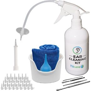 Ear Wax Vacuum Removal Tool by Tilcare - Ear Irrigation Flushing System for Adults & Kids - Perfect Ear Cleaning Kit - Includes Electric Vacuum Tool, Basin, Syringe, Curette Kit, Towel and 30 Tips