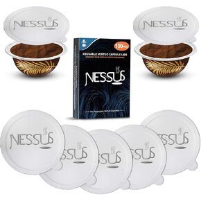 Nessus Vertuo Reusable Pods Kit, 50 Pcs [ALSeal EZ FIT] Aluminum Foil Seals Lids for Nespresso Capsules Vertuoline, Holder and Brush, Fits for Vertuo Refillable Pods(Pods Not Included)