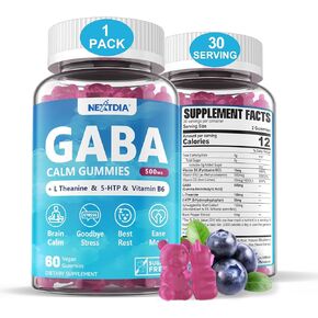 GABA Gummies 500 mg - Sugar-Free Calm Gummies with L Theanine, 5-HTP, Vitamins D3, B12, Ashwagandha, Melatonin-Free for Brain Calm, Mood, Zzz Better, GABA Supplement for Adult, Blueberry Flavor, Vegan