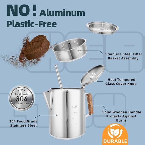 MEREZA Camping Coffee Pot Stovetop Coffee Maker Percolator Campfire Coffee Pot Stainless Steel Coffee Pot Camping Outdoors Home 9 Cup No Aluminum & Plastic Fast Brew in Kuwait