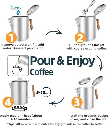 MEREZA Camping Coffee Pot Stovetop Coffee Maker Percolator Campfire Coffee Pot Stainless Steel Coffee Pot Camping Outdoors Home 9 Cup No Aluminum & Plastic Fast Brew in Kuwait