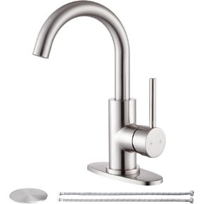 FROPO Gold Bathroom Faucets with Pop-Up Drain, Modern Single Hole Bathroom Sink Faucet with Deck Plate Single Handle Lavatory Faucet Brushed Gold Bar Vanity Faucet