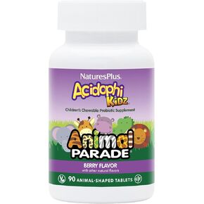 NaturesPlus Animal Parade AcidophiKidz, Berry Flavor - 90 Chewable, Animal-Shaped Tablets - with Probiotics, FOS & Grape Seed - 90 Total Servings