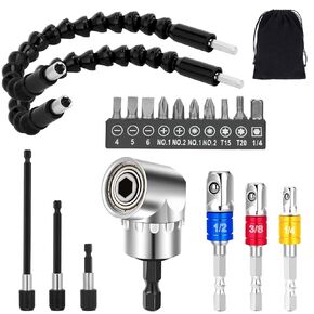 Flexible Drill Bit Extension Set 19pcs Tools, Hex Shank 105° Right Angle Drill Bit Attachment, Bendable, 3pcs 1/4 3/8 1/2" Universal Impact Driver Socket Adapter, Drill Bit Holder, Screwdriver Bit Kit