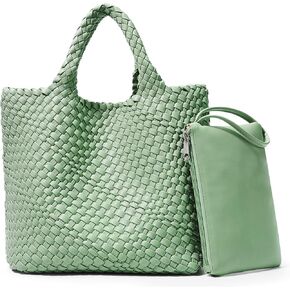 KALIDI Straw Tote Beach Bag Striped Shoulder Handbag Stitch Woven PU Leather Handle Zipper Pocket Travel Shopping Picnic