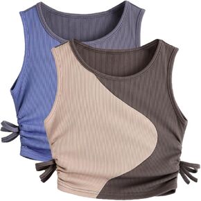 Milumia Girl's 2 Pack Color Block Ruched Knot Side Knit Round Neck Crop Tank Tops