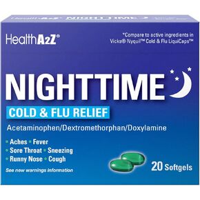 HealthA2Z Nighttime Cold & Flu Relief - | 8 Count Softgels (Pack of 24) | (192 Softgels Count) | Compare to Vicks® Nyquil® Cold & Flu Liqui Caps Active Ingredient