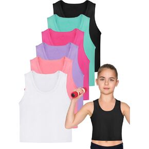 SATINIOR 4 Pieces Girls Dance Tank Tops Racerback Crop Tank Tops Sleeveless Top for Gymnastics and Dancewear (Black, White, Grey, Navy Blue,11-12 Years)