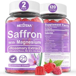 Saffron Supplements Gummies - 4 Months Supply - 100% Pure Saffron Extract 88.5mg, 450mg Blend for Mood, Calm Nerve, Focus, w/ Magnesium Glycinate, Vitamin D3, Rosemary, Rhodiola, Sugar-Free, 2Pack in Kuwait