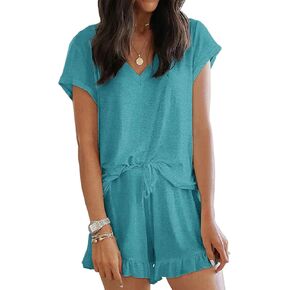 LuckyMore Womens Pajama Sets Shorts Soft Lounge Sets Short Sleeve V Neck Pj Set Sleepwear Top with Causal Pj Shorts
