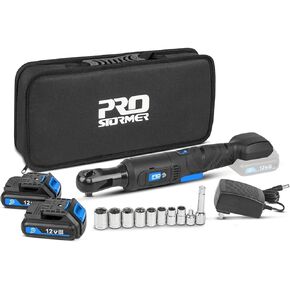 Prostormer Cordless Electric Ratchet Wrench Set 55Ft-lbs, 3/8" 12V Max Power Ratchet Kit with 2-Pack 2.0Ah Lithium-Ion Batteries, Fast Charger, 8 Sockets and Storage Bag
