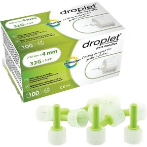 Droplet Pen Needles 32G x 4mm, 100ct Box, Adjustable Fit for Easy at-Home Injection, Lubricated Tip for Gentle Touch, Designed to Prevent Leakage, Compatible with Most Pen Injectors