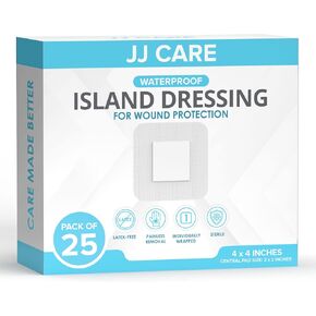 JJ CARE Waterproof Adhesive Island Dressing [Pack of 50], 4" x 4" Sterile Island Wound Dressing, Breathable Bordered Gauze Dressing, Individually Wrapped Latex Free Bandages with Non-Stick Central Pad