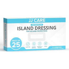 JJ CARE ضمادة جزيرة لاصقة مقاومة للماء [عبوة من 50]، ضمادة جروح جزيرة معقمة مقاس 4 × 8 بوصة، ضمادة شاش ذات حدود مسامية، ضمادات خالية من اللاتكس ملفوفة بشكل فردي مع وسادة مركزية غير لاصقة