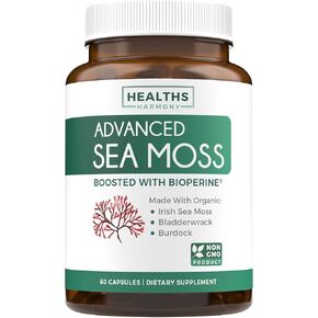 Irish Sea Moss Capsules (Non-GMO) Organic Irish Seamoss, Bladderwrack & Burdock, with BioPerine Black Pepper Extract for Extra Absorption - Raw Vegan Supplement - 60 Capsules (No Pills or Gel)