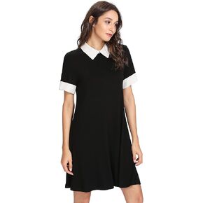 Floerns Women's Doll Collar Short Sleeve Short Tunic Dress A Black M