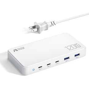 USB C Charging Station, 120W USB C GaN Charger Charging Hub 5 Ports for Multiple Devices,Max 100W Power Delivery Desktop Accessory for MacBook Pro/Air iPhone 15 Pro, Samsung Galaxy,5ft Extension Cord