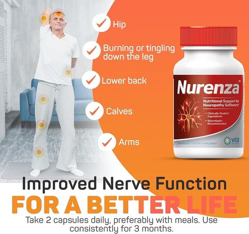 Vita Sciences Nurenza Neuropathy Supplement for Nerve Health and Fast Repair. Natural R-ALA Form 40x Strength with Vitamins and Antioxidants to Renew and Revitalize Feet, Hands, Legs, and Toes. 60 Ct. in Kuwait