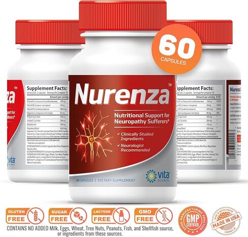Vita Sciences Nurenza Neuropathy Supplement for Nerve Health and Fast Repair. Natural R-ALA Form 40x Strength with Vitamins and Antioxidants to Renew and Revitalize Feet, Hands, Legs, and Toes. 60 Ct. in Kuwait