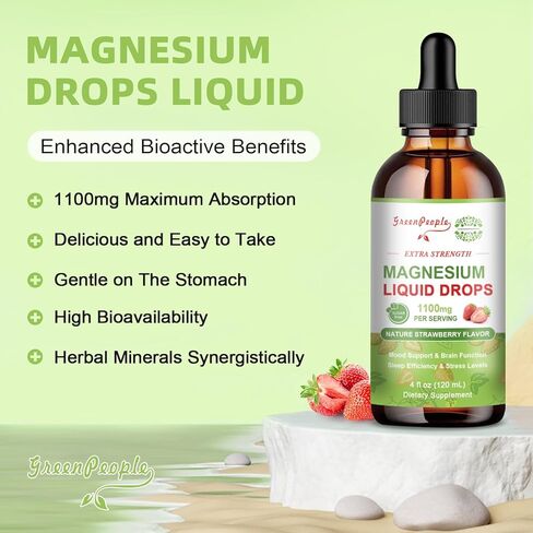 مكمل مركب المغنيسيوم الثلاثي 17 في 1 1100 مجم، قطرات المغنيسيوم السائلة مع جليسينات المغنيسيوم 400 مجم وسيترات 500 مجم، نكهة الفراولة الخالية من السكر، لمزاج هادئ ودعم العضلات والنوم، 4 أونصة سائلة. in Kuwait