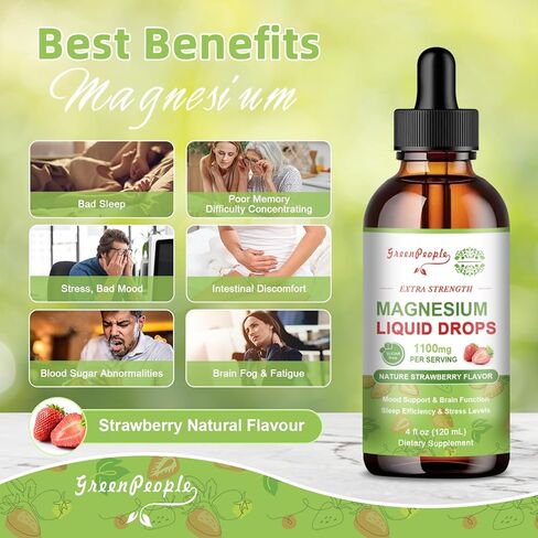 مكمل مركب المغنيسيوم الثلاثي 17 في 1 1100 مجم، قطرات المغنيسيوم السائلة مع جليسينات المغنيسيوم 400 مجم وسيترات 500 مجم، نكهة الفراولة الخالية من السكر، لمزاج هادئ ودعم العضلات والنوم، 4 أونصة سائلة. in Kuwait