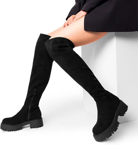 DREAM PAIRS Women's Platform Over The Knee Boots Lug Sole Round Toe Thigh High Long Chunky Block Heels Fall Boots in Kuwait