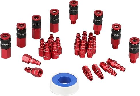 YOTOO 10 Pieces Universal Air Coupler with 1/4"-18NPT Male thread Set, Quick Connect Air Hose Fittings, Heavy Duty Aluminum Air Fittings, Lightweight, Push to Connect air tools and air compressor, Red in Kuwait