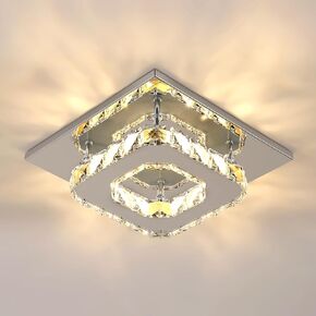 Goeco Square Modern LED Ceiling Light, Crystal Flush Mount Chandelier Ceiling Light, 3000K Crystal Close to Ceiling Lighting Stainless Steel Fixture for Bedroom, Hallway, Dining Room, Living Room
