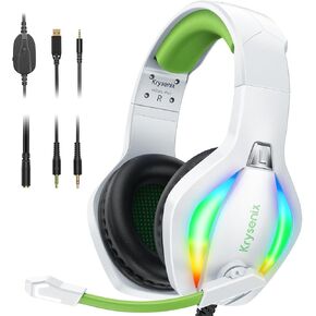 Krysenix PG1 Gaming Headset for PS4/PS5/PC/Xbox One, Noise Canceling Headset with AI Stereo Microphone Sound, Computer Headset with 3.5mm Jack & RGB Light White+Green