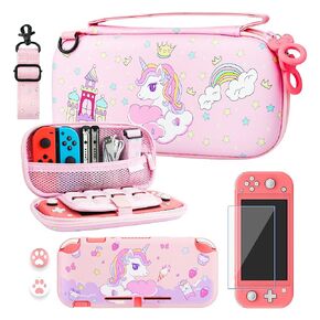 RHOTALL Carrying Case for Nintendo Switch Lite, Cute Case Cover Accessories Bundle for Switch Lite with TPU Protective Shell, Adjustable Shoulder Strap, Screen Protector and 2 Thumb Caps - Strawberry