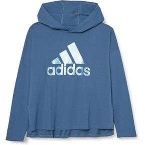 adidas Girls' Long Sleeve Hooded Graphic Tee, Charcoal Grey Heather, Small (7/8)