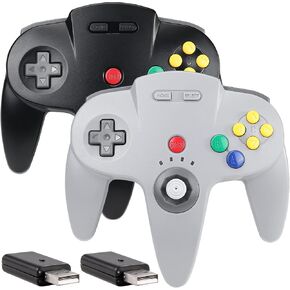 [Multi-Device] Wireless Switch N64 Controller, 2.4 GHz with USB Receiver, Compatible with Windows Laptop PC iOS Mac Raspberry Pi, Switch/NSO - (Rechargeable) (Plug and Play) (2 Pack Gray)