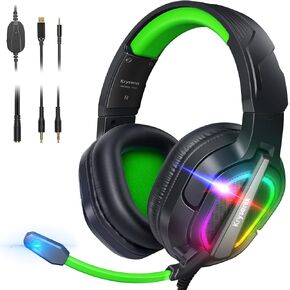 Krysenix PG2 Gaming Headset for PS4/PS5/PC/Xbox One, Noise Canceling Headset with AI Stereo Microphone Sound, Computer Headset with 3.5mm Jack & RGB Light Black/Green