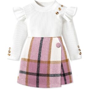 Aulyffo Baby Toddler Girl Clothes,Girls Outfits Long Sleeve Ruffle Button Tops + Plaid Skirt Shorts + Hat 3Pcs Clothes Set