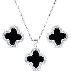 Four Leaf Black Clover Necklace Earring Set for Women 18K Gold Plated Stainless Steel Crystal Pendant 4 Leaf Lucky Ear Studs Jewelry Gift for Mother and Daughter (Silver Set)