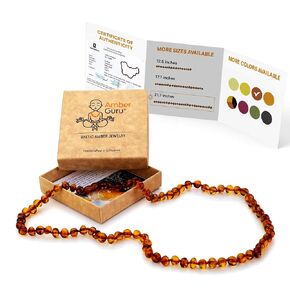 قلادة Amber Guru Baltic Amber للنساء والرجال (أصيلة ومعتمدة) - 21.7 بوصة، كونياك (مصقول) - مجوهرات عنبر للجنسين للبالغين - قلادة من خرز العنبر