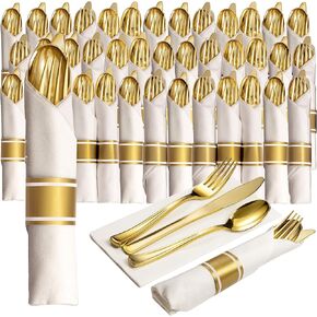 100 Pre Rolled Gold Plastic Silverware - 400pc Set, Service for 100 - Wrapped Disposable Silverware Set with Forks, Knives, Spoons, White Napkins - Fancy Decorative Flatware for Dinner, Party, Wedding